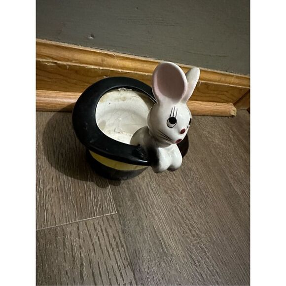 Vintage Bunny Rabbit in Magicians Top Hat Planter Ceramic Numbered 5.5”x4.9” MCM - Picture 3 of 15
